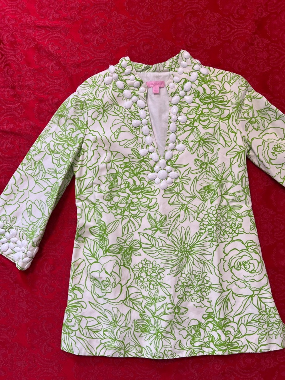 Lilly Pulitzer White Tunic Top Size 4 Green Floral Beaded Neckline